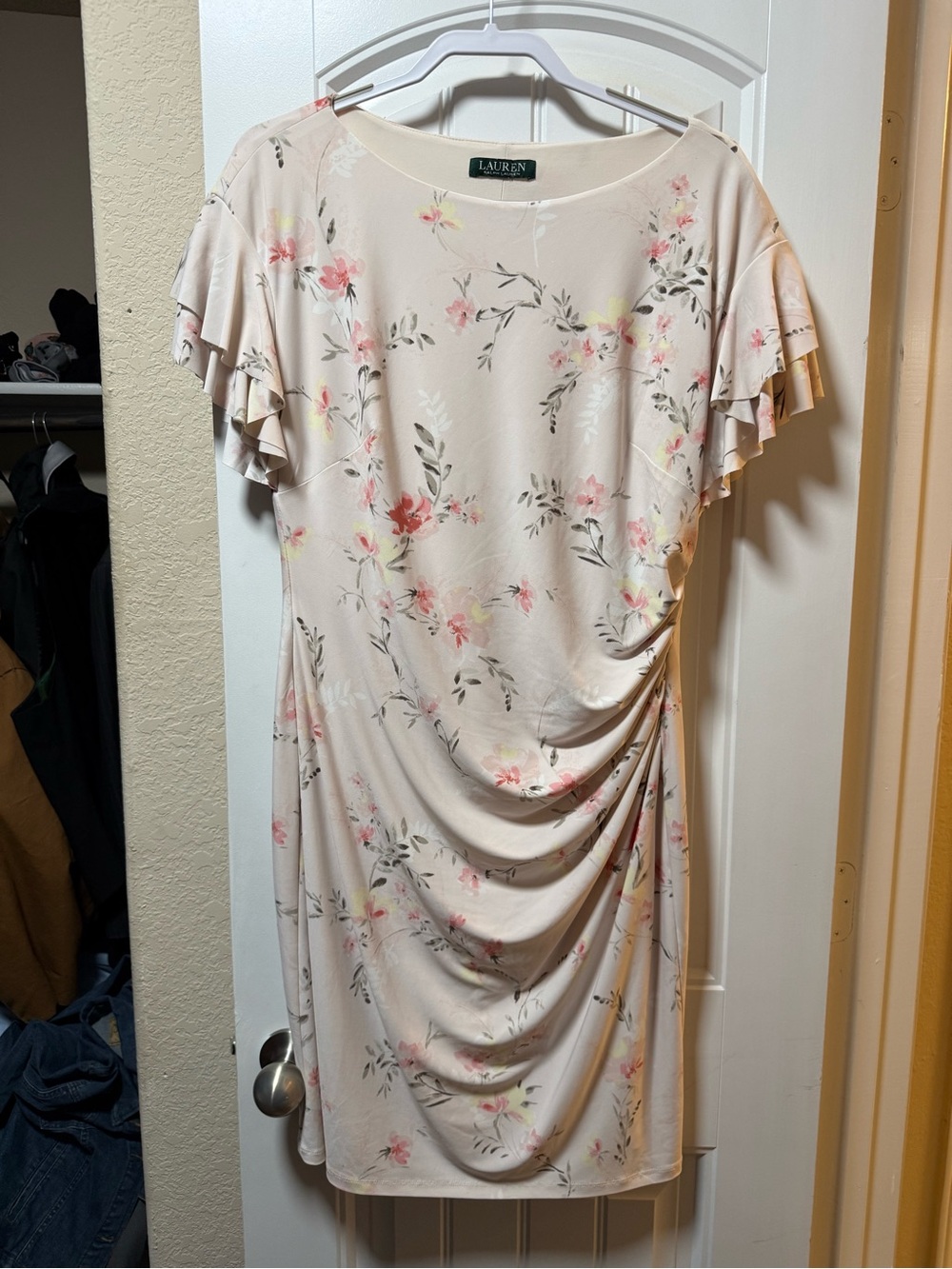 XL Ralph Lauren Cream Floral Midi Dress with Ruffle Sleeves